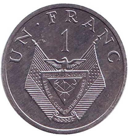 Монета 1 франк. 1985 год, Руанда. Цветущий стебель проса.