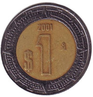 Монета 1 песо. 2001 год, Мексика. Монета 1 песо. 2001 год, Мексика.