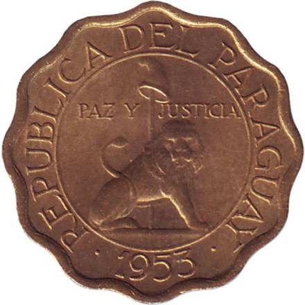 Монета 10 сентимов. 1953 год, Парагвай.