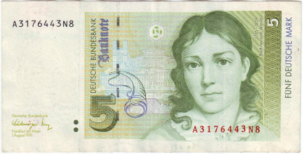 Банкнота 5 марок. 1991 год, ФРГ. Беттина фон Арним. Бранденбургские ворота.