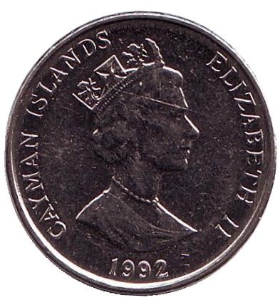 Монета 5 центов. 1992 год, Каймановы острова. Розово-пятнистая креветка.