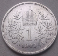 Монета 1 крона. 1903 год, Австро-Венгерская империя. Австрийский тип. Монета 1 крона. 1903 год, Австро-Венгерская империя. Австрийский тип.