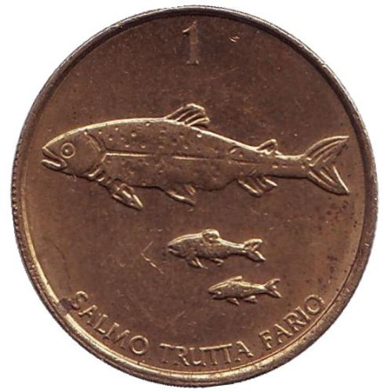 Монета 1 толар. 2000 год, Словения. Из обращения. Ручьевая форель.