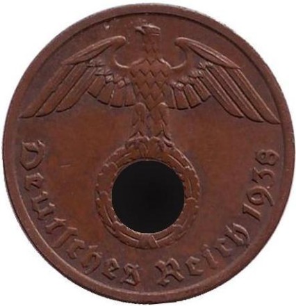 Монета 1 рейхспфенниг. 1938 год, Германия (Третий Рейх). (A).