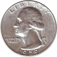 Монета 25 центов. 1959 год, США. (Отметка монетного двора D). Вашингтон. Монета 25 центов. 1959 год, США. (Отметка монетного двора D). Вашингтон.
