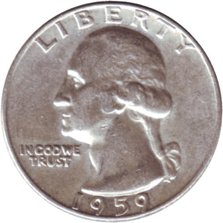 Монета 25 центов. 1959 год, США. (Отметка монетного двора D). Вашингтон.