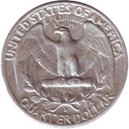 Монета 25 центов. 1959 год, США. (Отметка монетного двора D). Вашингтон. Монета 25 центов. 1959 год, США. (Отметка монетного двора D). Вашингтон.