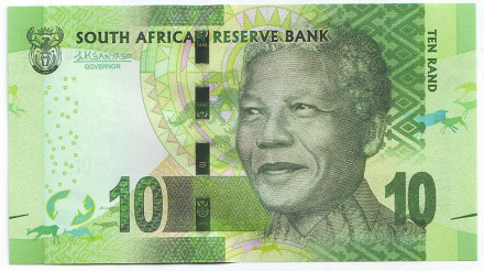 Банкнота 10 рандов. 2013-2016 гг., ЮАР. (Подпись: Kganyago) Нельсон Мандела.
