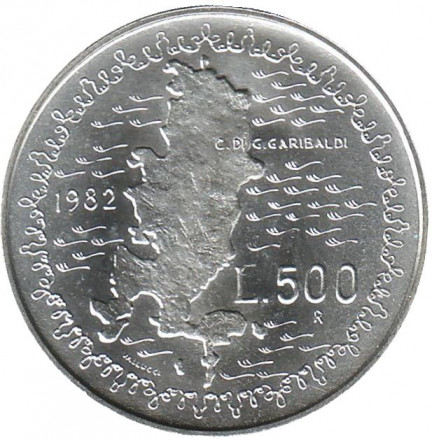 Монета 500 лир. 1982 год, Италия. 100 лет со дня смерти Джузеппе Гарибальди. Монета 500 лир. 1982 год, Италия. 100 лет со дня смерти Джузеппе Гарибальди.