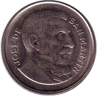 Монета 10 сентаво. 1956 год, Аргентина. Генерал Хосе де Сан-Мартин.