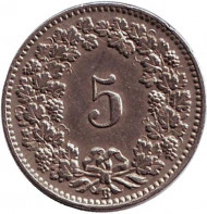 Монета 5 раппенов. 1904 год, Швейцария. Монета 5 раппенов. 1904 год, Швейцария.