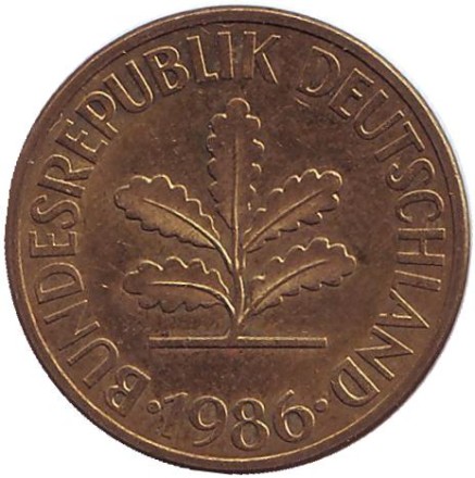 Монета 10 пфеннигов. 1986 год (J), ФРГ. Дубовые листья.