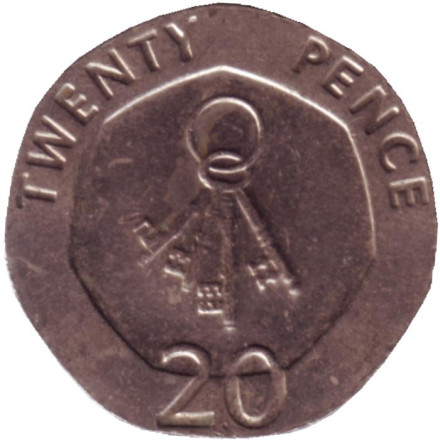 Монета 20 пенсов. 2007 год, Гибралтар. 4 ключа.