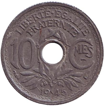Монета 10 сантимов. 1945 год, Франция. (Без отметки монетного двора).
