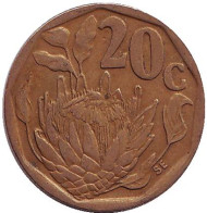 Монета 20 центов. 1995 год, ЮАР. Цветок протея. Монета 20 центов. 1995 год, ЮАР. Цветок протея.