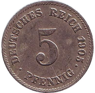 Монета 5 пфеннигов. 1905 год (J), Германская империя.