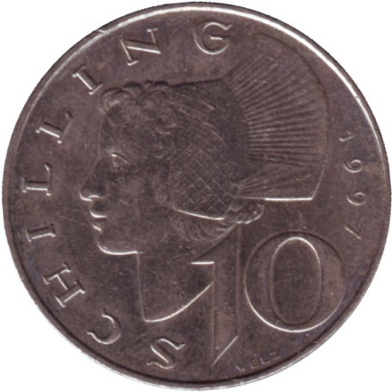 Монета 10 шиллингов. 1997 год, Австрия. Женщина из Вахау.