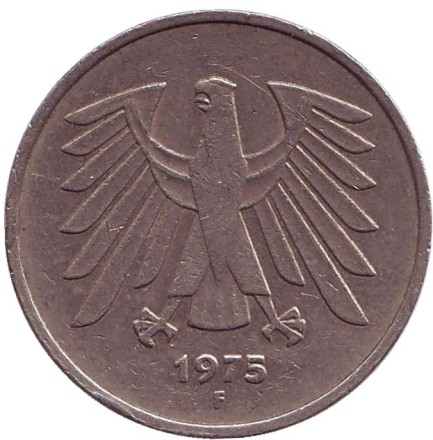 Монета 5 марок. 1975 год (F), ФРГ. Монета 5 марок. 1975 год (F), ФРГ.