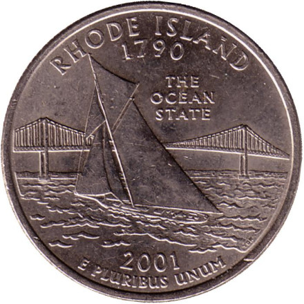 Монета 25 центов (D). 2001 год, США. Род-Айленд. Штат № 13.