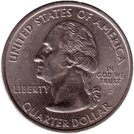 Монета 25 центов (D). 2001 год, США. Род-Айленд. Штат № 13.