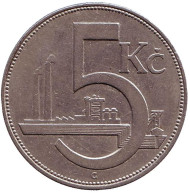 Монета 5 крон. 1925 год, Чехословакия. Монета 5 крон. 1925 год, Чехословакия.