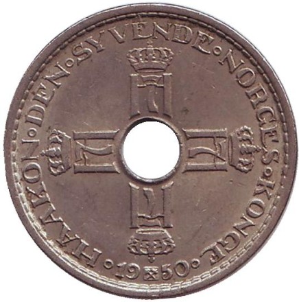 Монета 1 крона. 1950 год, Норвегия. Монета 1 крона. 1950 год, Норвегия.