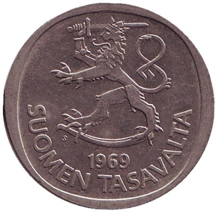 Монета 1 марка. 1969 год, Финляндия.