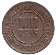 Монета 100 рейсов. 1933 год, Бразилия. Монета 100 рейсов. 1933 год, Бразилия.