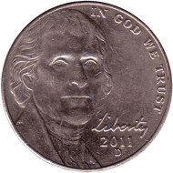 Монета 5 центов. 2011 год (D), США. Джефферсон. Монтичелло. Монета 5 центов. 2011 год (D), США. Джефферсон. Монтичелло.