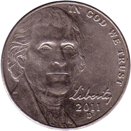 Монета 5 центов. 2011 год (D), США. Джефферсон. Монтичелло.