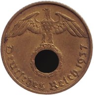 Монета 5 рейхспфеннигов. 1937 год, Германия (Третий Рейх). (A). Монета 5 рейхспфеннигов. 1937 год, Германия (Третий Рейх). (A).