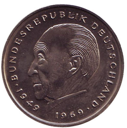 Монета 2 марки. 1978 год (D), ФРГ. UNC. Конрад Аденауэр.