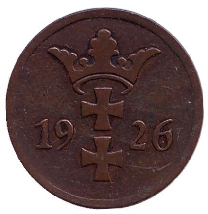 Монета 2 пфеннига. 1926 год, Данциг. Монета 2 пфеннига. 1926 год, Данциг.