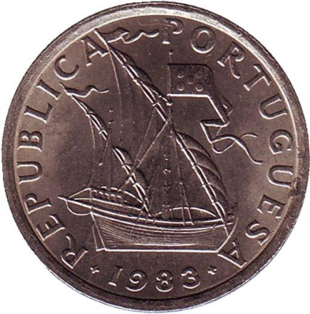 Монета 5 эскудо. 1983 год, Португалия. Парусный корабль.