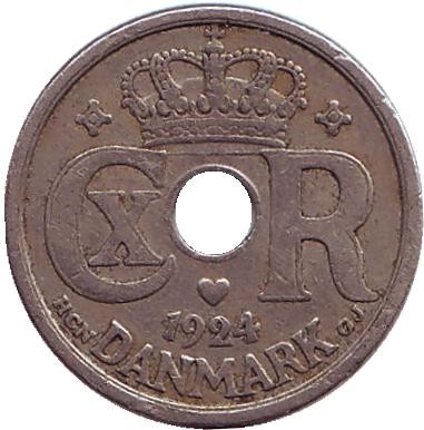 Монета 10 эре. 1924 год, Дания.