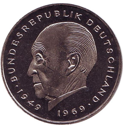 Монета 2 марки. 1982 год (F), ФРГ. UNC. Конрад Аденауэр.