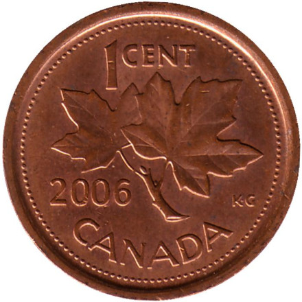 Монета 1 цент. 2006 год, Канада. (Немагнитная. Отметка: "Кленовый лист")