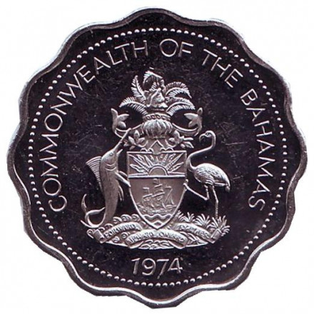 Монета 10 центов. 1974 год, Багамские острова. Рыбы. Монета 10 центов. 1974 год, Багамские острова. Рыбы.