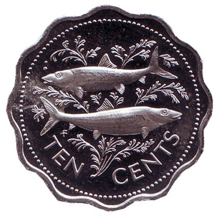 Монета 10 центов. 1974 год, Багамские острова. Рыбы.
