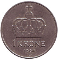 Монета 1 крона. 1994 год, Норвегия. Корона. Монета 1 крона. 1994 год, Норвегия. Корона.
