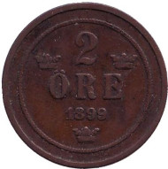 Монета 2 эре. 1899 год, Швеция. Монета 2 эре. 1899 год, Швеция.