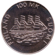 Монета 100 марок. 1991 год, Финляндия. 70 лет автономии Аландских островов. Корабль. Монета 100 марок. 1991 год, Финляндия. 70 лет автономии Аландских островов. Корабль.