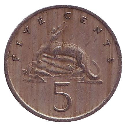 Монета 5 центов. 1977 год, Ямайка. Острорылый крокодил.