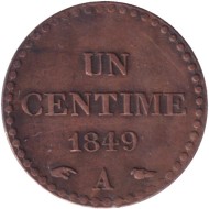 Монета 1 сантим. 1849 год, Франция. Монета 1 сантим. 1849 год, Франция.