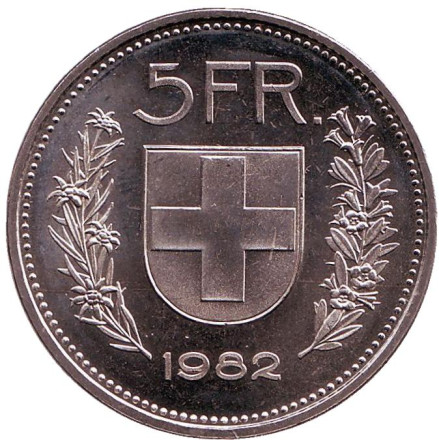 Монета 5 франков. 1982 год, Швейцария. UNC. Вильгельм Телль.