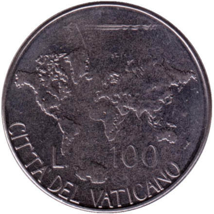 Монета 100 лир. 1985 год, Ватикан. Карта мира.
