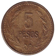 Монета 5 песо. 1990 год, Колумбия. Монета 5 песо. 1990 год, Колумбия.