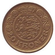 Монета 20 крон. 1990 год, Дания. Монета 20 крон. 1990 год, Дания.