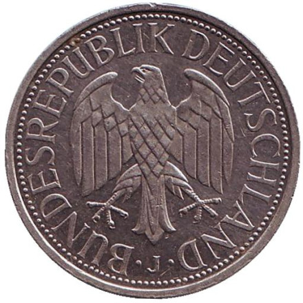 Монета 1 марка. 1990 год (J), ФРГ. Монета 1 марка. 1990 год (J), ФРГ.