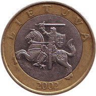 Монета 2 лита. 2002 год, Литва. Из обращения. Рыцарь. Монета 2 лита. 2002 год, Литва. Из обращения. Рыцарь.